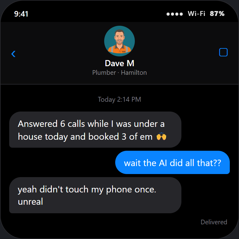 Dave M, plumber in Hamilton, texting about AgentBuddy