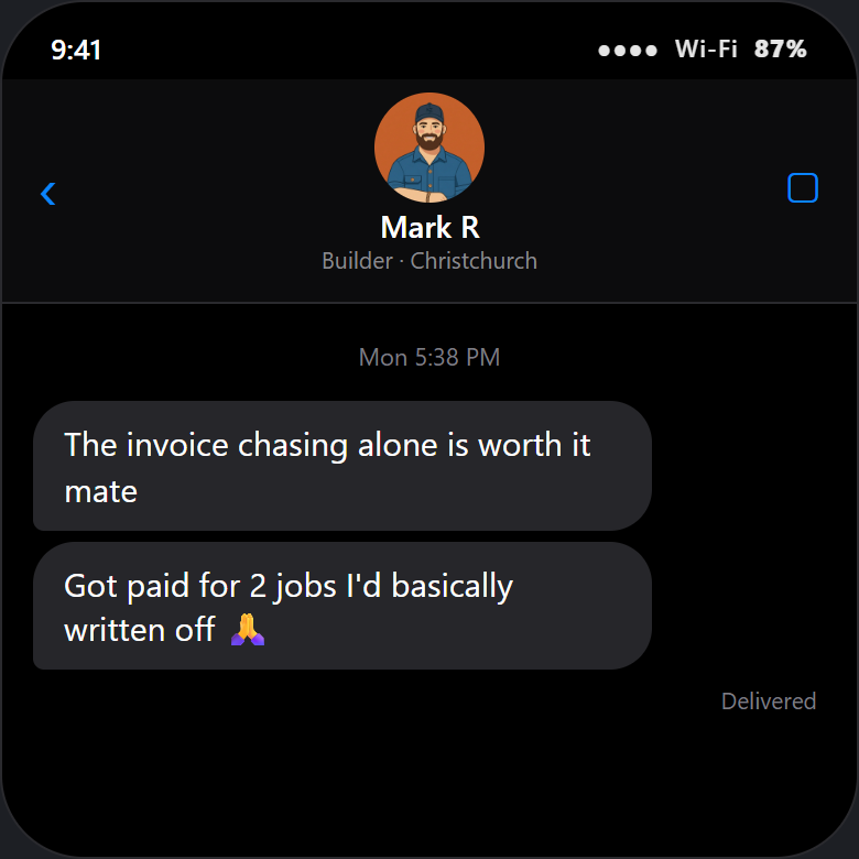 Mark R, builder in Christchurch, texting about AgentBuddy