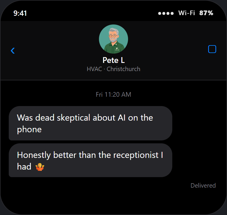 Pete L, HVAC in Christchurch, texting about AgentBuddy