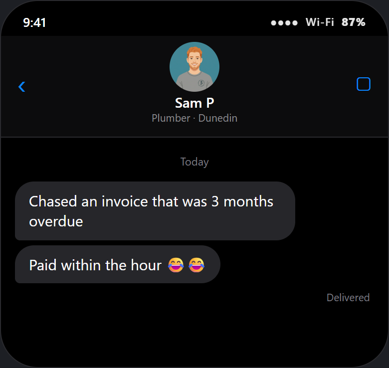 Sam P, plumber in Dunedin, texting about AgentBuddy
