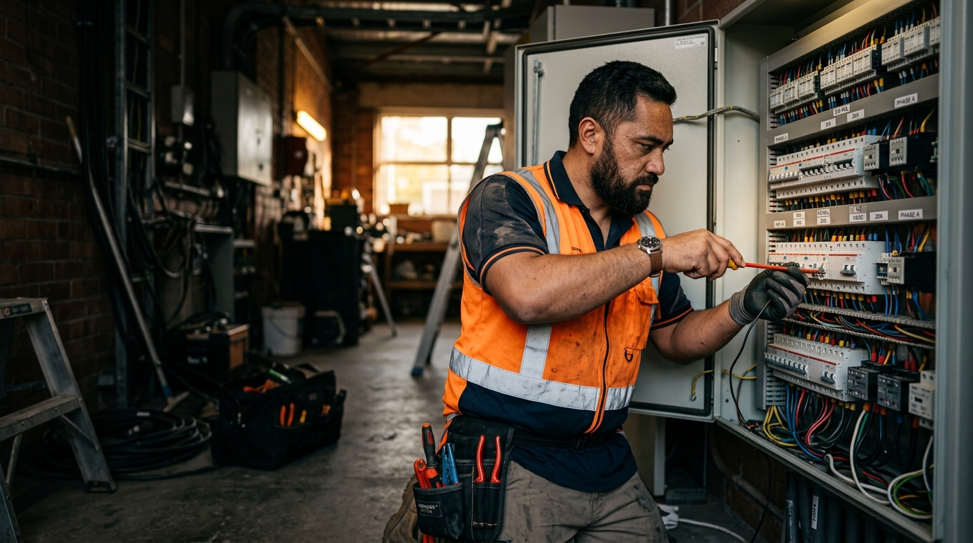 A New Zealand electrician on the job